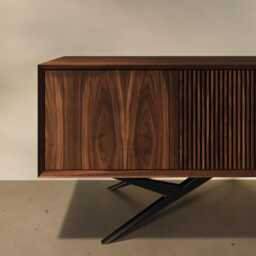 Walnut Long Sideboard Tv Stand With Slatted Door - Mid Century Modern Lowboard Media Console - thumbnail 4