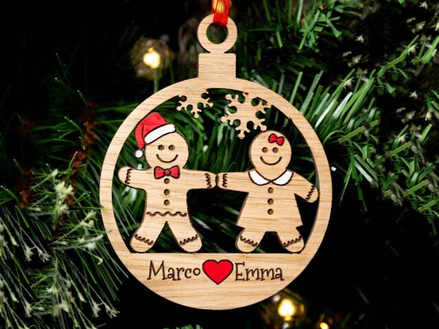 Couples Christmas Tree Decoration, Personalised Bauble, Wood Engraved Xmas Ornament, Gingerbread Family, Stocking Stuffer - image 1