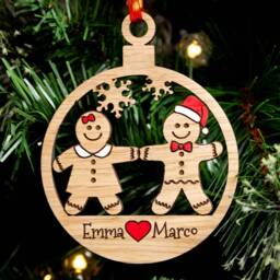 Couples Christmas Tree Decoration, Personalised Bauble, Wood Engraved Xmas Ornament, Gingerbread Family, Stocking Stuffer - thumbnail 3