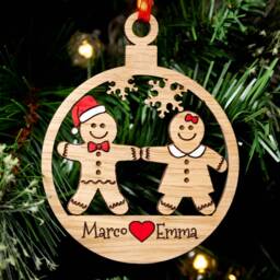 Couples Christmas Tree Decoration, Personalised Bauble, Wood Engraved Xmas Ornament, Gingerbread Family, Stocking Stuffer - thumbnail 2