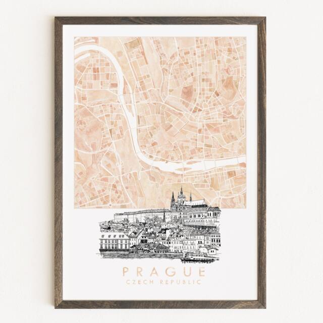 Prague Watercolor Map & Architectural Sketch Print Czech Republic City Block Plan - Art Print Wedding Graduation Travel Gift - image 1
