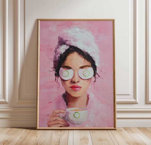Spa Girl Wall Art - Pink Self Care Poster With Cucumber Eye Mask, Tea Cup & Towel Wrap, Modern Glam Bathroom Or Bedroom Decor Print - image 1