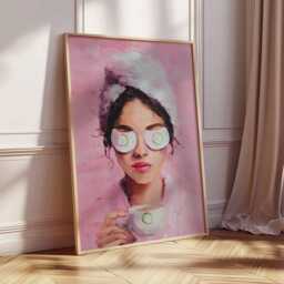 Spa Girl Wall Art - Pink Self Care Poster With Cucumber Eye Mask, Tea Cup & Towel Wrap, Modern Glam Bathroom Or Bedroom Decor Print - thumbnail 3