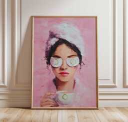 Spa Girl Wall Art - Pink Self Care Poster With Cucumber Eye Mask, Tea Cup & Towel Wrap, Modern Glam Bathroom Or Bedroom Decor Print - thumbnail 1