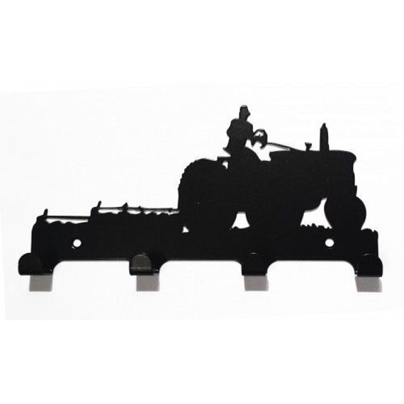 Farmer With Tractor & Plough Silhouette Key Hook Rack - Metal Wall Art