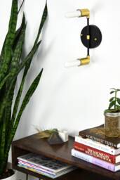 Black & Brass Double Hinge Arm Wall Sconce - Custom Finish & Led Or Antique Bulbs Milk White Tube Two Lamp Fixture Adjustable - thumbnail 1