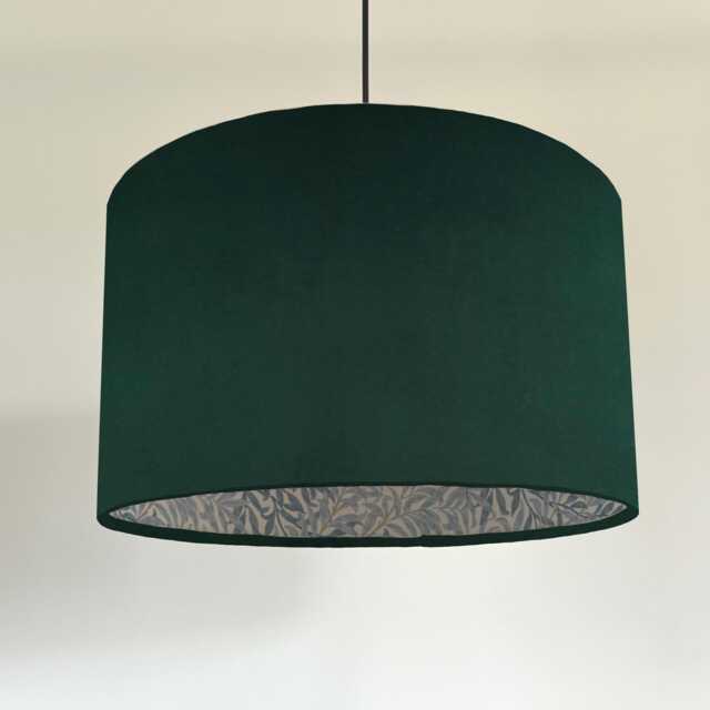 Green Velvet Drum Lampshade, Double Sided Lampshade With William Morris Blue Willow Cotton Interior, Ceiling Light Shade - image 1
