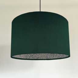 Green Velvet Drum Lampshade, Double Sided Lampshade With William Morris Blue Willow Cotton Interior, Ceiling Light Shade