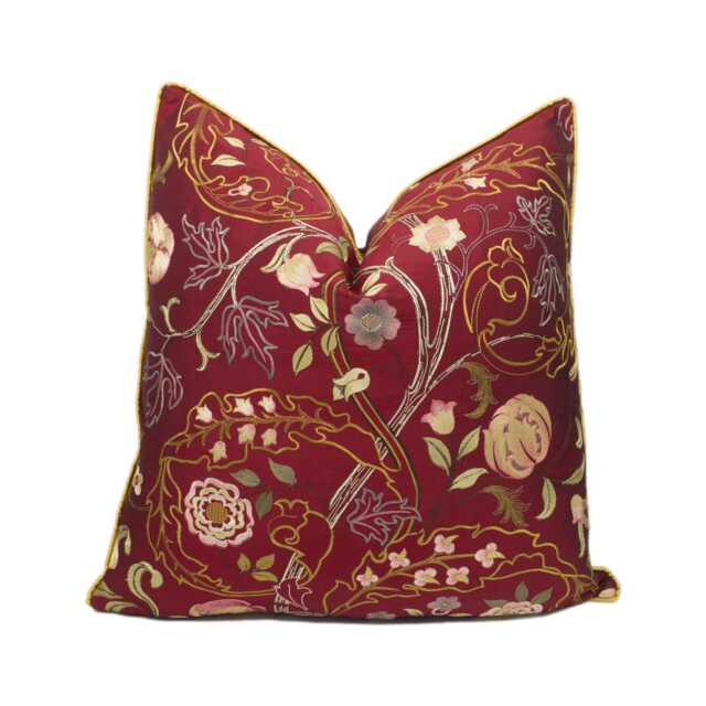 William Morris - Mary Isobel Embroideries Wine/Rose Contrast Piped Cushion Cover Throw Pillow Designer Home Decor - image 1