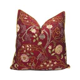 William Morris - Mary Isobel Embroideries Wine/Rose Contrast Piped Cushion Cover Throw Pillow Designer Home Decor - thumbnail 1