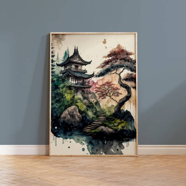 Japanese Pagoda Watercolor Print Serene Landscape Wall Art - image 1