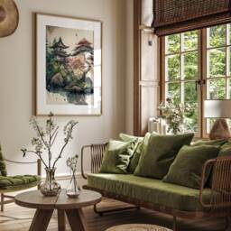 Japanese Pagoda Watercolor Print Serene Landscape Wall Art - thumbnail 2