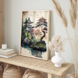Japanese Pagoda Watercolor Print Serene Landscape Wall Art - thumbnail 3