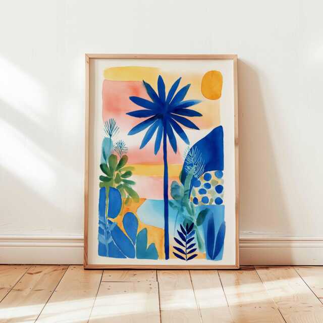 Tropical Palm Tree Poster, Colorful Sunset Beach Wall Art, Vibrant Coastal Landscape Print, Summer Decor, Jungle Illustration - image 1