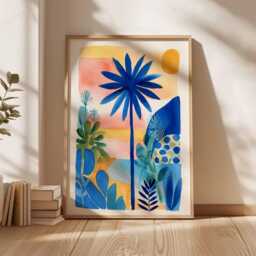Tropical Palm Tree Poster, Colorful Sunset Beach Wall Art, Vibrant Coastal Landscape Print, Summer Decor, Jungle Illustration - thumbnail 2