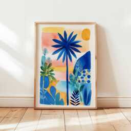 Tropical Palm Tree Poster, Colorful Sunset Beach Wall Art, Vibrant Coastal Landscape Print, Summer Decor, Jungle Illustration - thumbnail 1