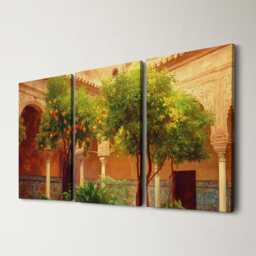 Seville Courtyard 3 Panel Split Canvas Wall Art Trees & Moorish Tiles Spanish Architecture Oil Painting Framed Home Decor Gift