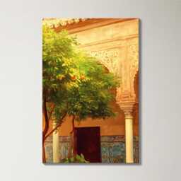 Seville Courtyard 3 Panel Split Canvas Wall Art Trees & Moorish Tiles Spanish Architecture Oil Painting Framed Home Decor Gift - thumbnail 4