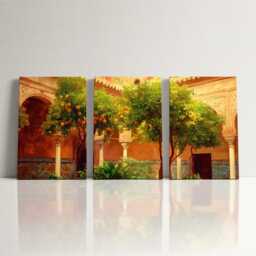 Seville Courtyard 3 Panel Split Canvas Wall Art Trees & Moorish Tiles Spanish Architecture Oil Painting Framed Home Decor Gift - thumbnail 3