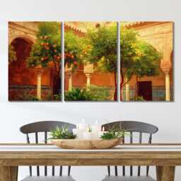 Seville Courtyard 3 Panel Split Canvas Wall Art Trees & Moorish Tiles Spanish Architecture Oil Painting Framed Home Decor Gift - thumbnail 2