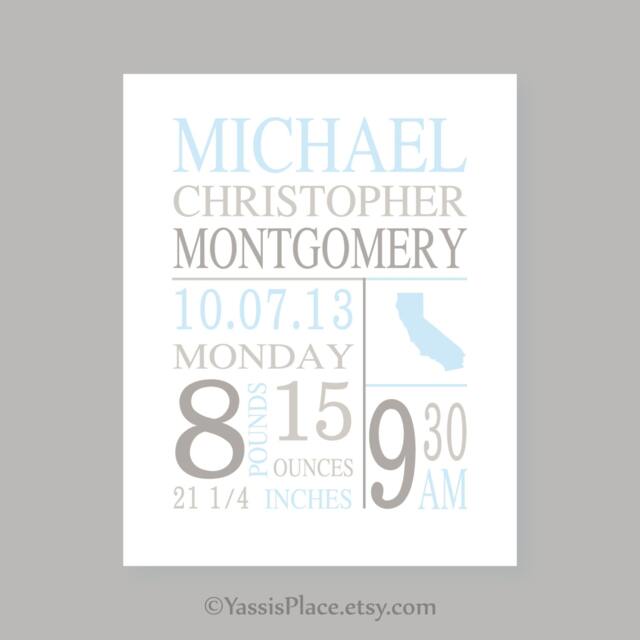 Baby Boy Nursery Wall Art, Birth Stats Print, Subway Birth Announcement, Baby Gift, Name Print - image 1
