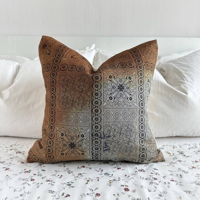 Handmade Hmong Hemp Pillow Cover Rustic Block Print, Brown & Blue - 18x18 - image 1