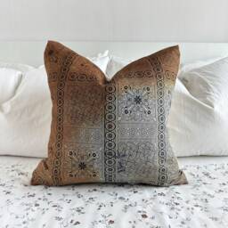 Handmade Hmong Hemp Pillow Cover Rustic Block Print, Brown & Blue - 18x18 - thumbnail 1