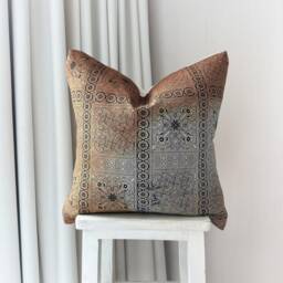 Handmade Hmong Hemp Pillow Cover Rustic Block Print, Brown & Blue - 18x18 - thumbnail 2