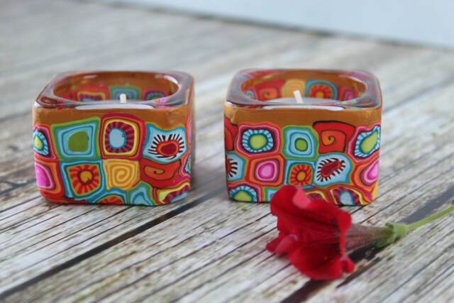 Millefiori Polymer Clay Tea Candle Holders Set Jewish Holiday Decor - image 1