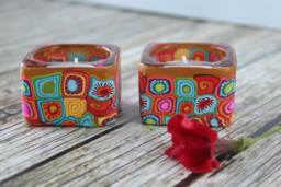Millefiori Polymer Clay Tea Candle Holders Set Jewish Holiday Decor - thumbnail 1