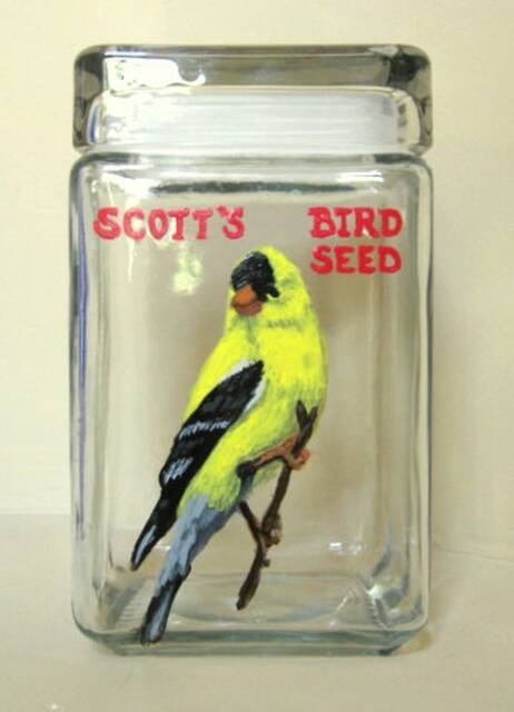 Bird Seed Jar, Yellow Finch, Custom Canister, Personalized Pet Portrait Painting, Aviary Art, Food Storage Painting - image 1