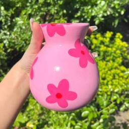 Retro Flower Hand Painted Ceramic Vase, 60S 70S Home Decor, Seamless Daisy Pattern, Pink & Red Aesthetic Floral Pottery, Cute Bestie Gift - thumbnail 3