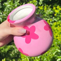 Retro Flower Hand Painted Ceramic Vase, 60S 70S Home Decor, Seamless Daisy Pattern, Pink & Red Aesthetic Floral Pottery, Cute Bestie Gift - thumbnail 2