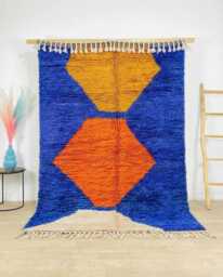 Blue Orange Geometric Motif Moroccan Rug, Vibrant Diamond Berber Wool Carpet, Dopamine Decor, Custom Large Area Shag