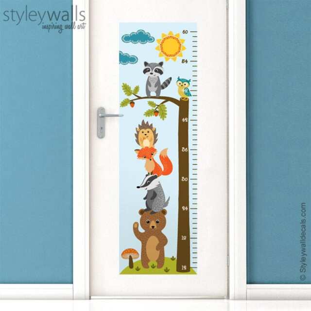 Forest Animals Growth Chart Wall Decal, Kids Room Sticker, Height Bear Fox Owl Nursery Decor - image 1