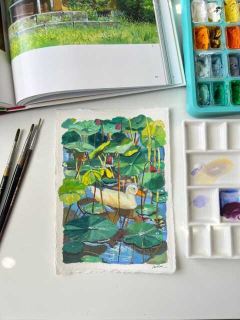 Duck & Lily Original Gouache Painting Tranquil Nature Wall Decor - image 1