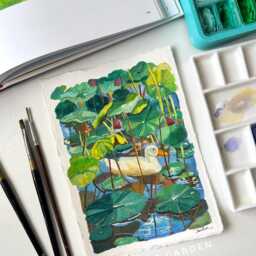 Duck & Lily Original Gouache Painting Tranquil Nature Wall Decor - thumbnail 3