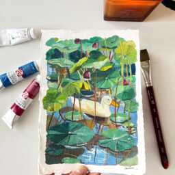 Duck & Lily Original Gouache Painting Tranquil Nature Wall Decor - thumbnail 2
