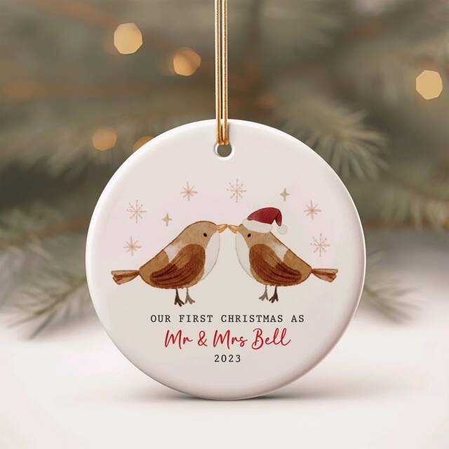 Personalised Couple First Christmas Married Ornament - Our 1st Xmas As Wedding Gift Kissing Robins - image 1