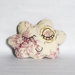 Cloud Cushion Soft Cotton Ecru Printed Romantic Cherubs Floral Pattern Embroidered Serene Face Too Cute Black Yarn Handmade - thumbnail 2