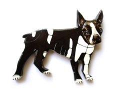 Handmade Boston Terrier Wall Sculpture Ceramic & Wood Dog Art