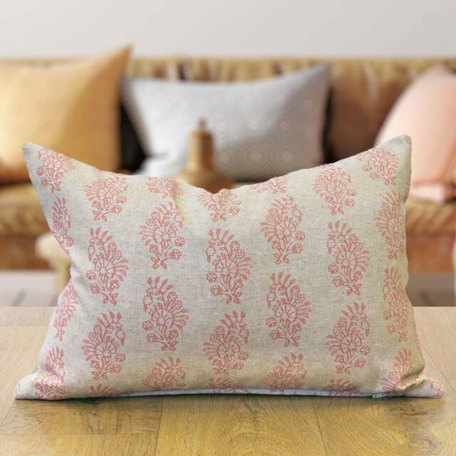 Hidcote Boudoir Linen-Blend Cushion Cover in Dusky Rose Pink. Vintage Floral Emblems On A Linen Mix Cover. 17x12 - image 1
