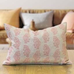 Hidcote Boudoir Linen-Blend Cushion Cover in Dusky Rose Pink. Vintage Floral Emblems On A Linen Mix Cover. 17x12 - thumbnail 1