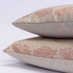Hidcote Boudoir Linen-Blend Cushion Cover in Dusky Rose Pink. Vintage Floral Emblems On A Linen Mix Cover. 17x12 - thumbnail 2
