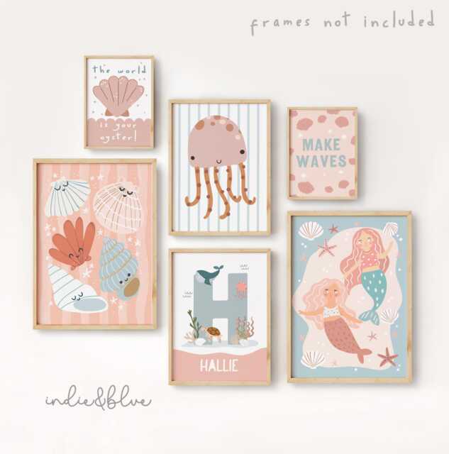 Personalised Mermaid Gallery Wall Set in Pastel Of 6 Prints, Nursery Print, Sea Decor, Teen Girl Bedroom Decor - image 1