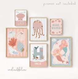 Personalised Mermaid Gallery Wall Set in Pastel Of 6 Prints, Nursery Print, Sea Decor, Teen Girl Bedroom Decor - thumbnail 1