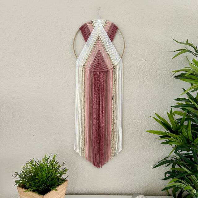Pink & White Yarn Wall Hanging, Nursery Decor, Macrame Art, Boho Tapestry, Handmade Hangings, Dorm Art - image 1