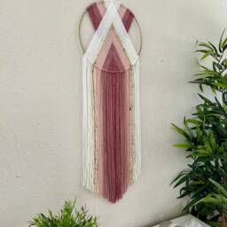 Pink & White Yarn Wall Hanging, Nursery Decor, Macrame Art, Boho Tapestry, Handmade Hangings, Dorm Art - thumbnail 3