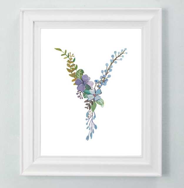 Floral Letter Y Art Print Hand-Painted Botanical Initial - image 1