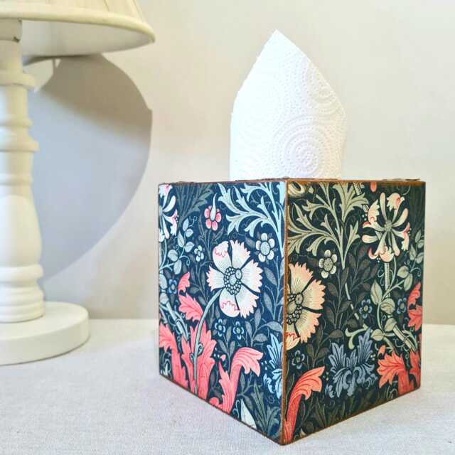 William Morris Compton Tissue Cover, Blue Pink Floral Wooden Box, Hand Decorated - image 1